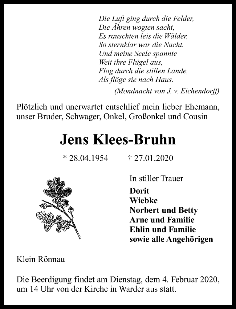  Traueranzeige für Jens Klees-Bruhn vom 30.01.2020 aus Lübecker Nachrichten