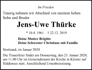 Traueranzeige von Jens-Uwe Thürke von Ostsee-Zeitung GmbH