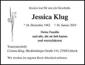 Traueranzeige von Jessica Klug von Lübecker Nachrichten