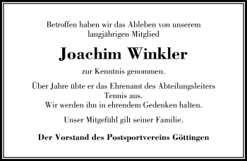 Traueranzeige von Joachim Winkler von Göttinger Tageblatt