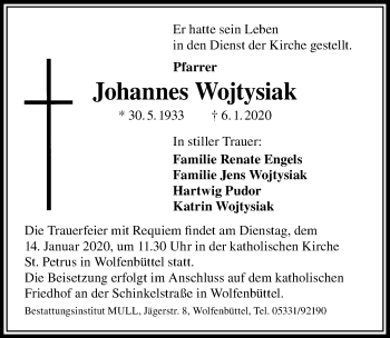 Traueranzeige von Johannes Wojtysiak von Peiner Allgemeine Zeitung