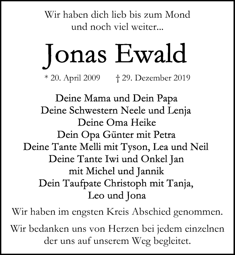  Traueranzeige für Jonas Ewald vom 05.01.2020 aus Lübecker Nachrichten