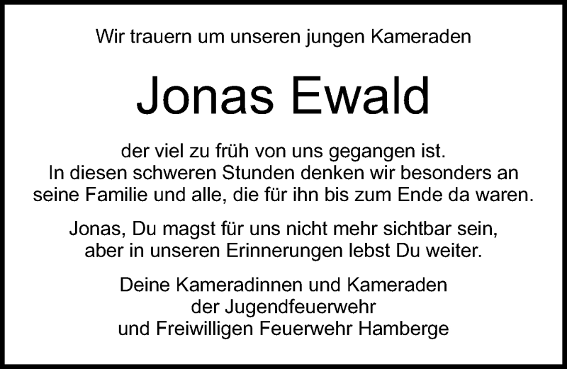  Traueranzeige für Jonas Ewald vom 05.01.2020 aus Lübecker Nachrichten