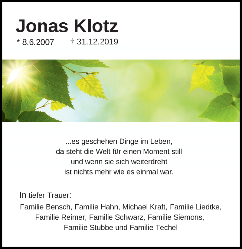  Traueranzeige für Jonas Klotz vom 08.01.2020 aus Ostsee-Zeitung GmbH