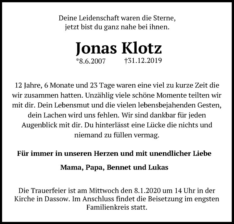  Traueranzeige für Jonas Klotz vom 07.01.2020 aus Lübecker Nachrichten