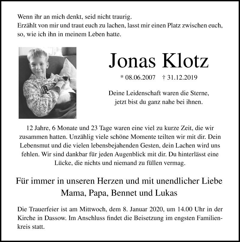  Traueranzeige für Jonas Klotz vom 06.01.2020 aus Ostsee-Zeitung GmbH