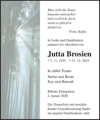 Traueranzeige von Jutta Brosien von Ostsee-Zeitung GmbH