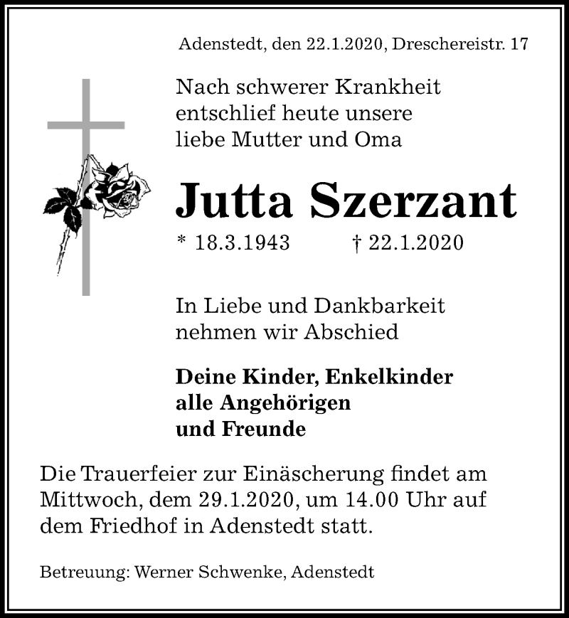  Traueranzeige für Jutta Szerzant vom 25.01.2020 aus Peiner Allgemeine Zeitung