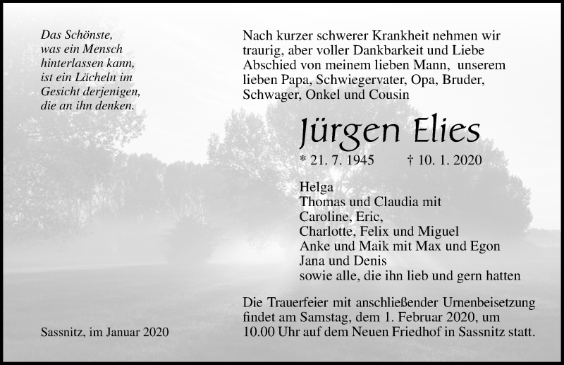  Traueranzeige für Jürgen Elies vom 18.01.2020 aus Ostsee-Zeitung GmbH