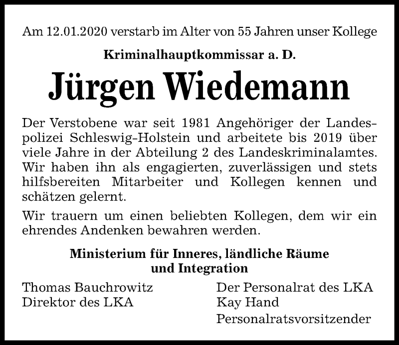  Traueranzeige für Jürgen Wiedemann vom 18.01.2020 aus Kieler Nachrichten