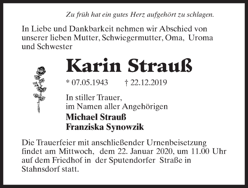  Traueranzeige für Karin Strauß vom 11.01.2020 aus Märkischen Allgemeine Zeitung