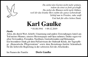 Traueranzeige von Karl Gaulke von Ostsee-Zeitung GmbH