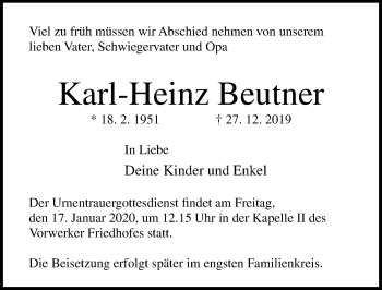 Traueranzeige von Karl-Heinz Beutner von Lübecker Nachrichten