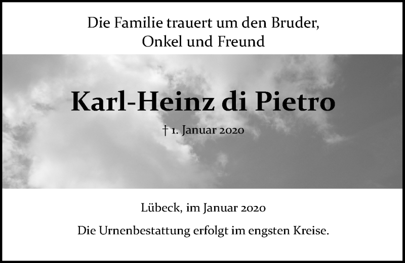  Traueranzeige für Karl-Heinz di Pietro vom 12.01.2020 aus Lübecker Nachrichten