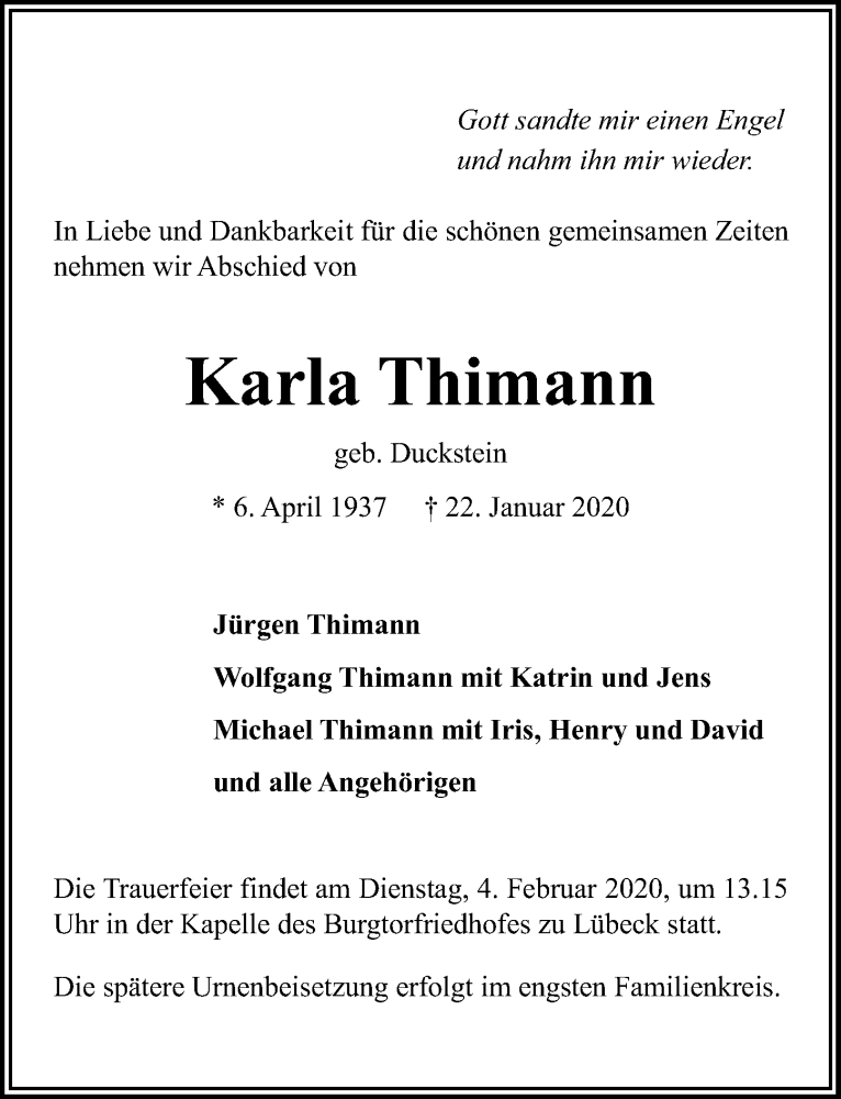  Traueranzeige für Karla Thimann vom 26.01.2020 aus Lübecker Nachrichten