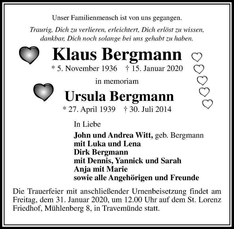  Traueranzeige für Klaus Bergmann vom 26.01.2020 aus Lübecker Nachrichten