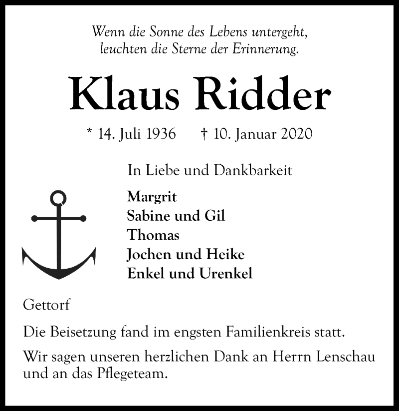  Traueranzeige für Klaus Ridder vom 25.01.2020 aus Kieler Nachrichten