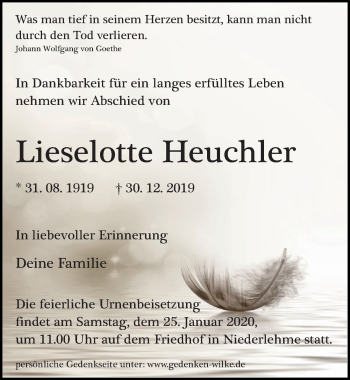 Traueranzeige von Lieselotte Heuchler von Märkischen Allgemeine Zeitung