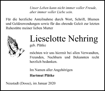 Traueranzeige von Lieselotte Nehring