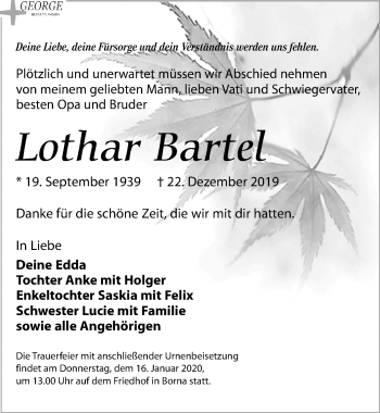 Traueranzeige von Lothar Bartel von Leipziger Volkszeitung