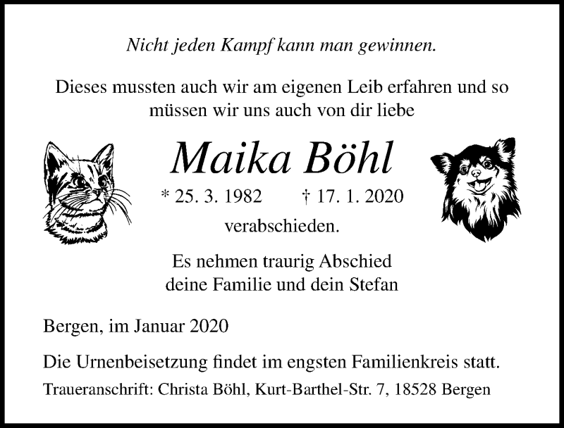  Traueranzeige für Maika Böhl vom 25.01.2020 aus Ostsee-Zeitung GmbH