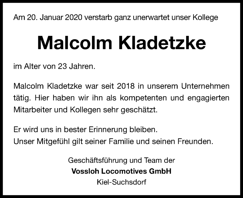  Traueranzeige für Malcolm Kladetzke vom 25.01.2020 aus Kieler Nachrichten
