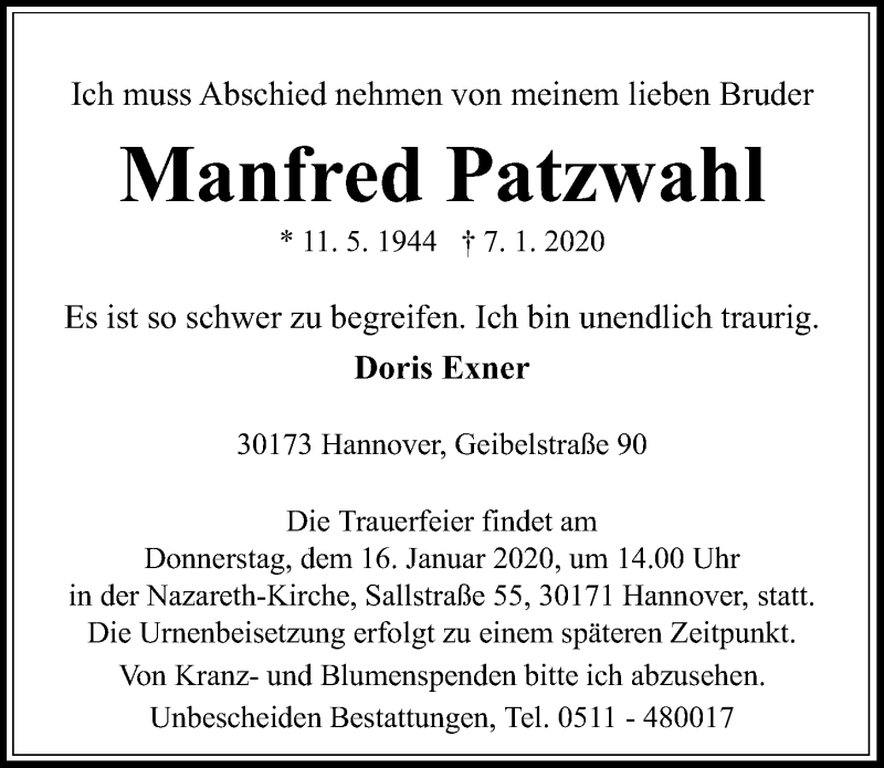 Traueranzeige für Manfred Patzwahl vom 11.01.2020 aus Hannoversche Allgemeine Zeitung/Neue Presse
