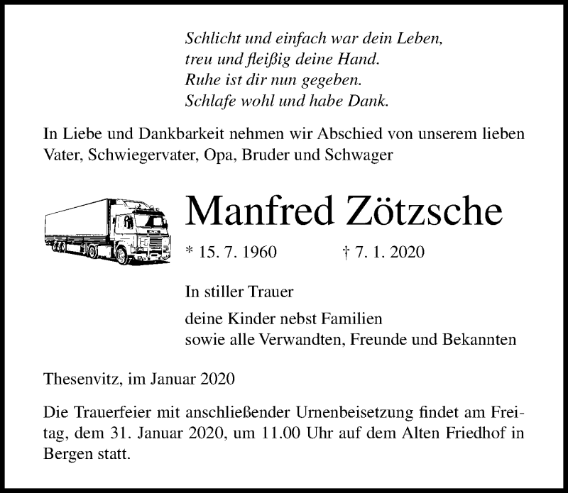  Traueranzeige für Manfred Zötzsche vom 11.01.2020 aus Ostsee-Zeitung GmbH