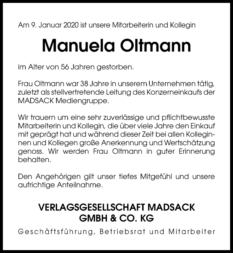  Traueranzeige für Manuela Oltmann vom 18.01.2020 aus Peiner Allgemeine Zeitung