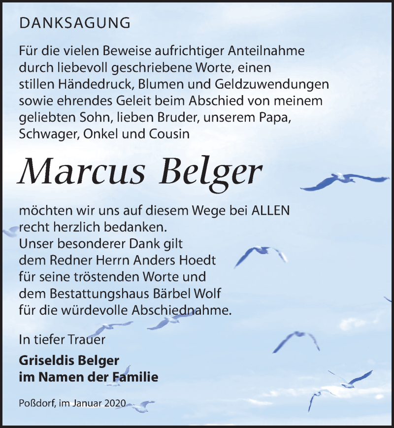  Traueranzeige für Marcus Belger vom 11.01.2020 aus Leipziger Volkszeitung