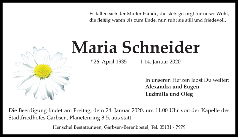  Traueranzeige für Maria Schneider vom 23.01.2020 aus Hannoversche Allgemeine Zeitung/Neue Presse
