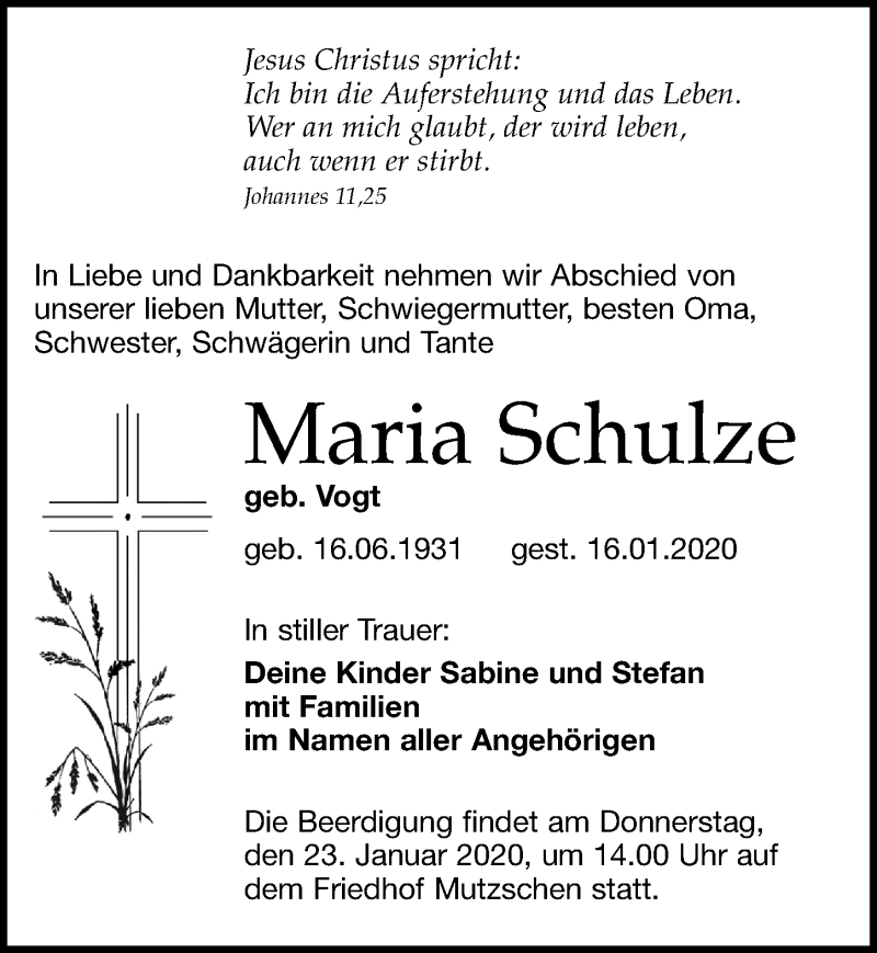  Traueranzeige für Maria Schulze vom 18.01.2020 aus Leipziger Volkszeitung