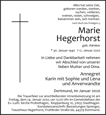 Traueranzeige von Marie Hegerhorst von Schaumburger Nachrichten