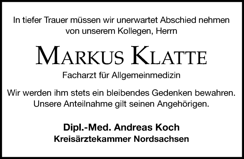  Traueranzeige für Markus Klatte vom 11.01.2020 aus Leipziger Volkszeitung