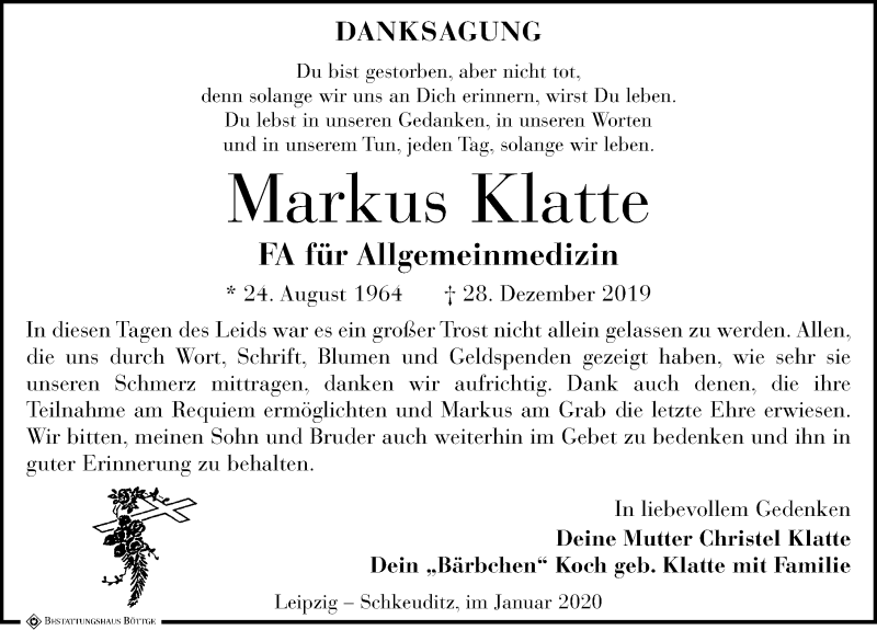  Traueranzeige für Markus Klatte vom 25.01.2020 aus Leipziger Volkszeitung