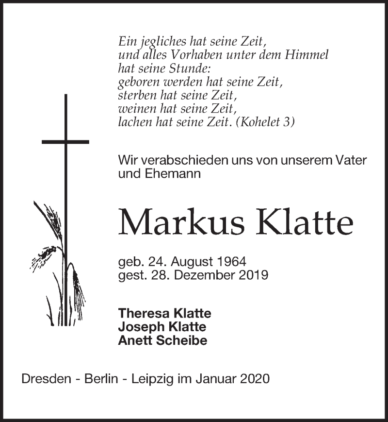  Traueranzeige für Markus Klatte vom 04.01.2020 aus Leipziger Volkszeitung