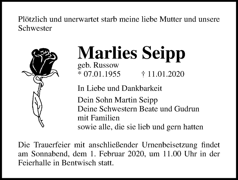  Traueranzeige für Marlies Seipp vom 18.01.2020 aus Ostsee-Zeitung GmbH