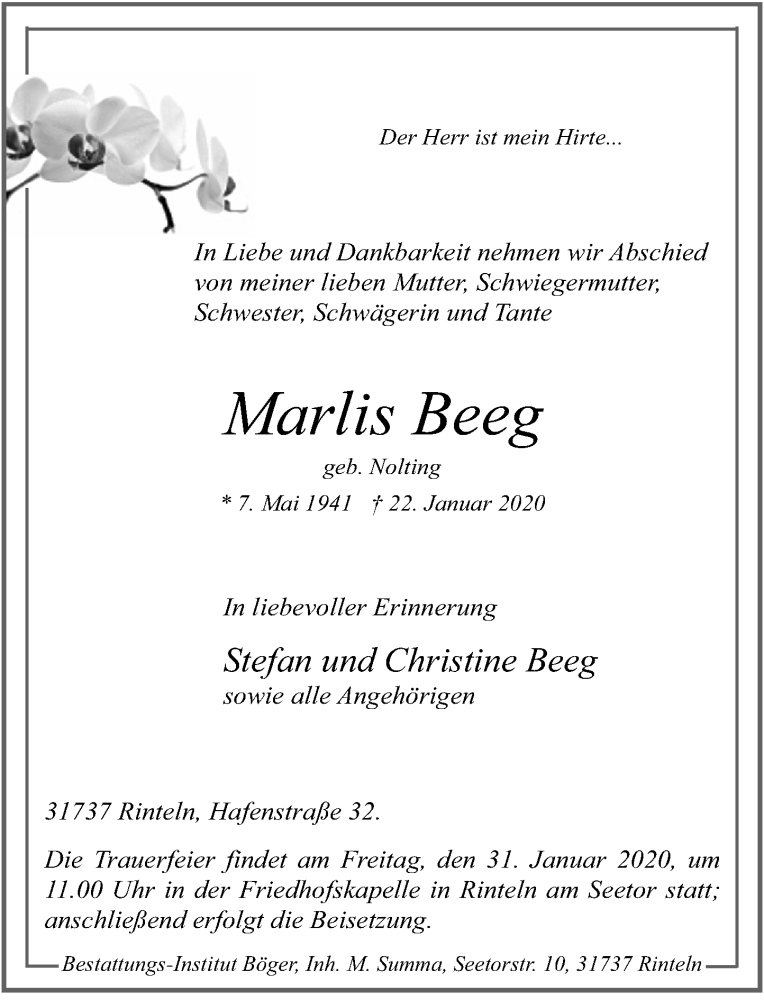  Traueranzeige für Marlis Beeg vom 25.01.2020 aus Schaumburger Nachrichten