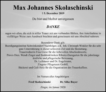 Traueranzeige von Max Johannes Skolaschinski von Ostsee-Zeitung GmbH