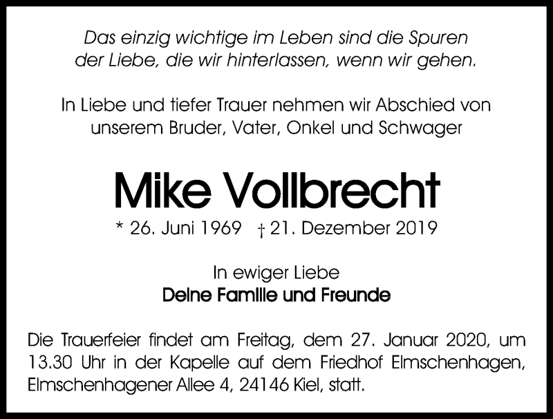  Traueranzeige für Mike Vollbrecht vom 22.01.2020 aus Kieler Nachrichten
