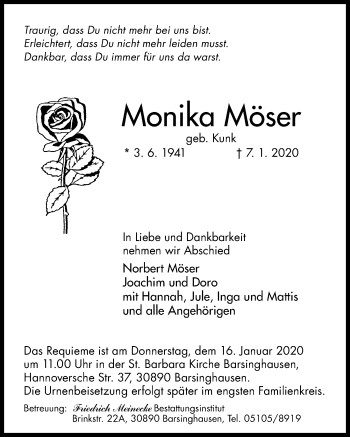 Traueranzeige von Monika Möser von Hannoversche Allgemeine Zeitung/Neue Presse