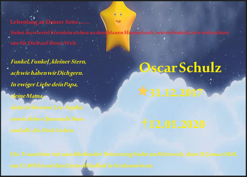  Traueranzeige für Oscar Schulz vom 28.01.2020 aus Ostsee-Zeitung GmbH