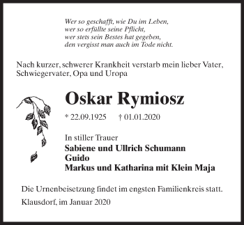 Traueranzeige von Oskar Rymiosz von Märkischen Allgemeine Zeitung