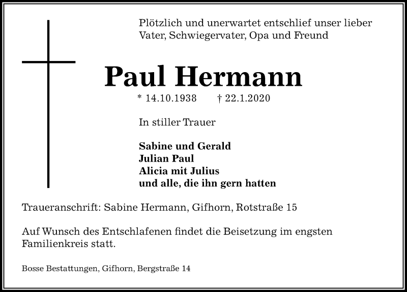  Traueranzeige für Paul Hermann vom 25.01.2020 aus Aller Zeitung
