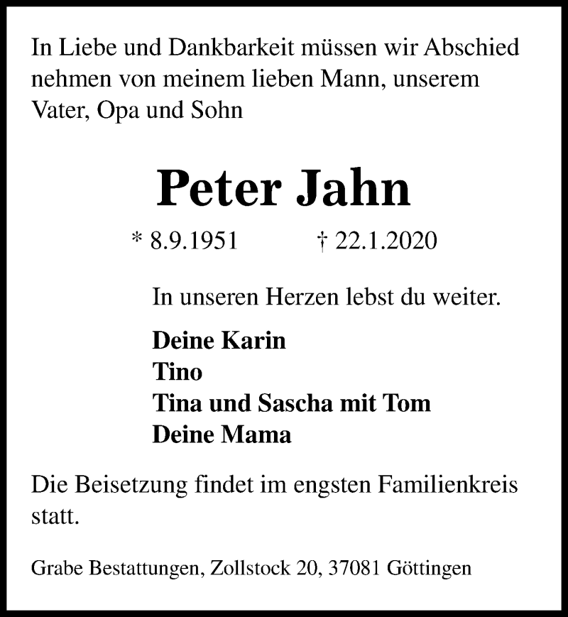  Traueranzeige für Peter Jahn vom 25.01.2020 aus Göttinger Tageblatt