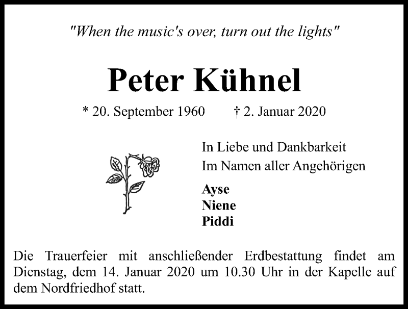  Traueranzeige für Peter Kühnel vom 11.01.2020 aus Kieler Nachrichten