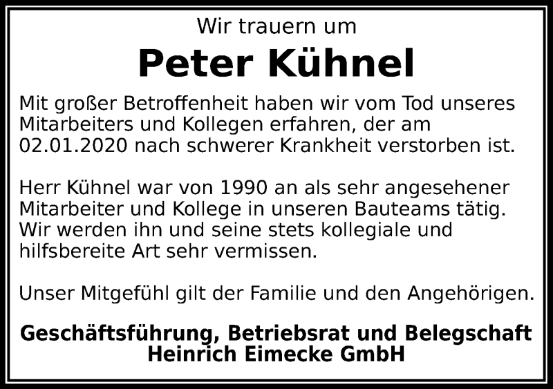  Traueranzeige für Peter Kühnel vom 18.01.2020 aus Kieler Nachrichten