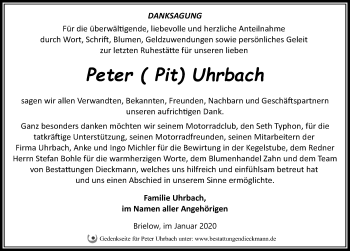 Traueranzeige von Peter Pit Uhrbach von Märkischen Allgemeine Zeitung