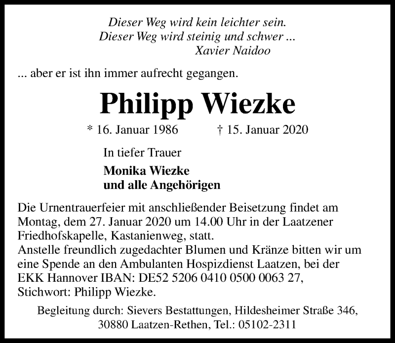  Traueranzeige für Philipp Wiezke vom 22.01.2020 aus Hannoversche Allgemeine Zeitung/Neue Presse