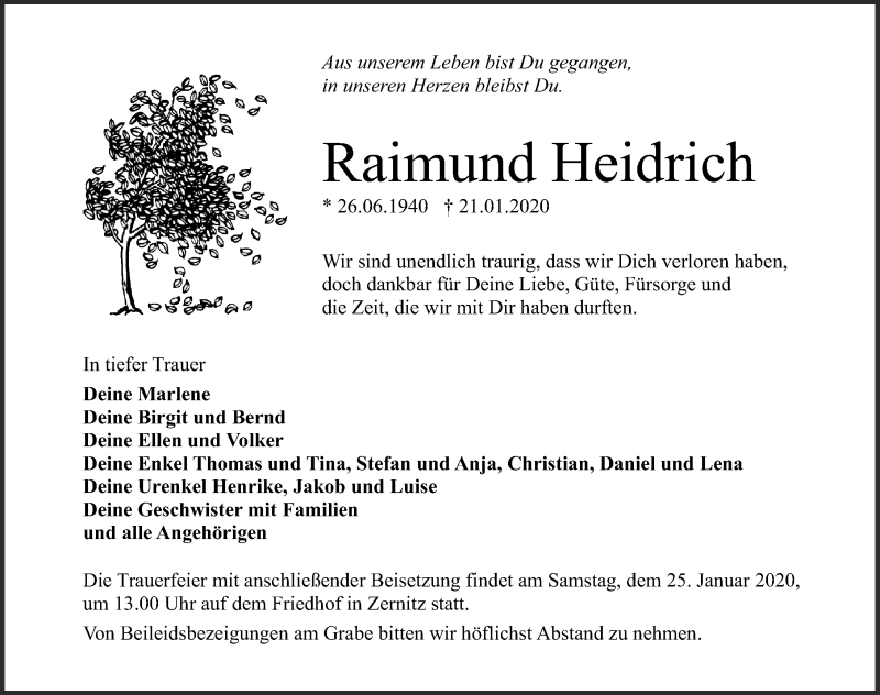  Traueranzeige für Raimund Heidrich vom 23.01.2020 aus Märkischen Allgemeine Zeitung